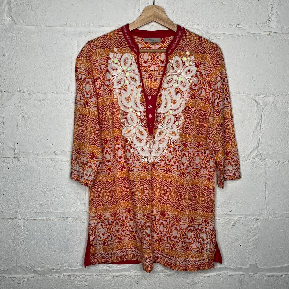Indikka Women's Orange White Embroidered Beaded Cotton Tunic Top Size Large